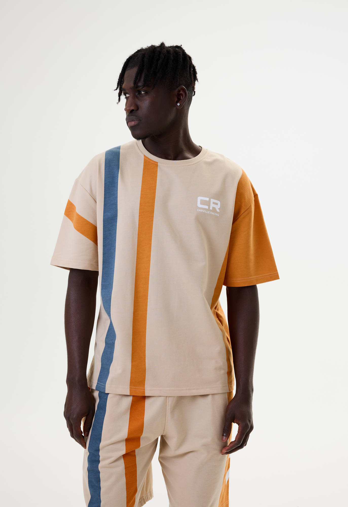 Костюм бежевый полоски оранж.-синяя футболка и шорты взрослый CR Carville Racing 1CR10 